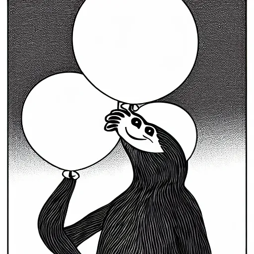 Image similar to book illustration of a sloth holding balloons, book illustration, monochromatic, white background, black and white image