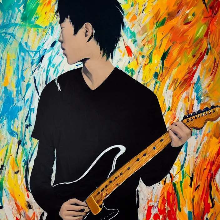 Prompt: abstract large swirly brush strokes painting of a young korean man wearing black v neck t shirt holding a telecaster!!! electric guitar!!, candid!! dark background, huge thick flowing dramatic brush strokes, matte colors, abstract, emotional masterpiece, impressionist, motion, trending on artstation