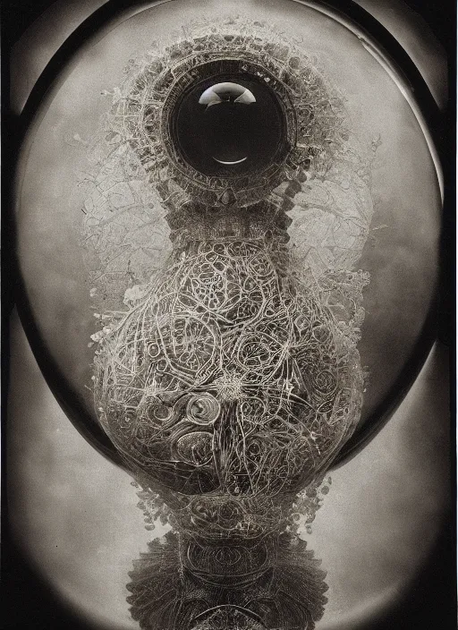 Image similar to old wetplate daguerreotype birth of artificial futuristic embryo life, fractal, intricate, elegant, highly detailed, parallax, leica, medium format, subsurface scattering, by jheronimus bosch and greg rutkowski and louis jacques mande daguerre