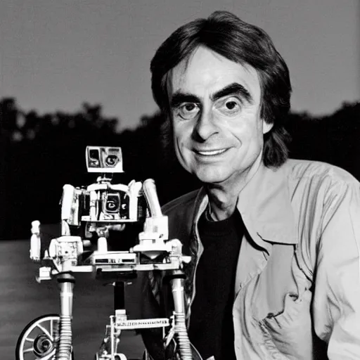 Prompt: a photo of carl sagan standing with the mars rover, 3 5 mm, highly detailed carl sagan face, high quality, award winning photo