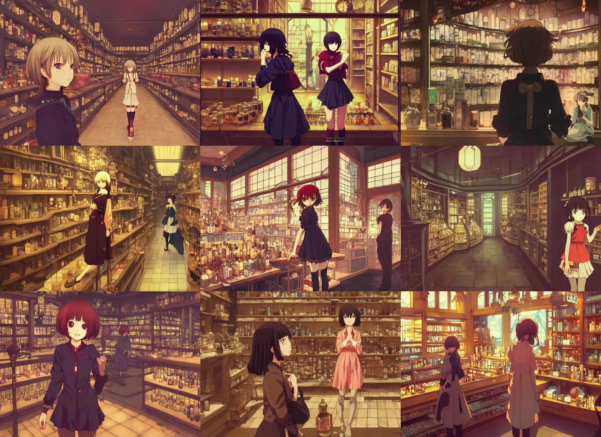 Prompt: anime frames, portrait of a young female traveler in a alchemist's potion shop interior shopping, cute face by ilya kuvshinov and yoshinari yoh, mucha, moody, dynamic perspective pose, lomography, hdr