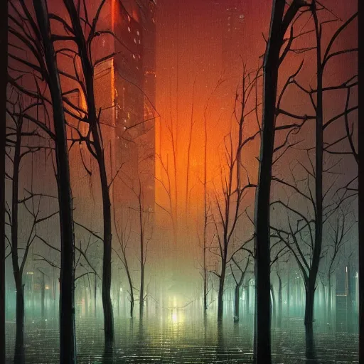 Prompt: sci - fi urban landscape with trees in rainy coruscant at night by david noren and ralph mcquarrie and peter mohrbacher, matte painting, psychedelic, dark