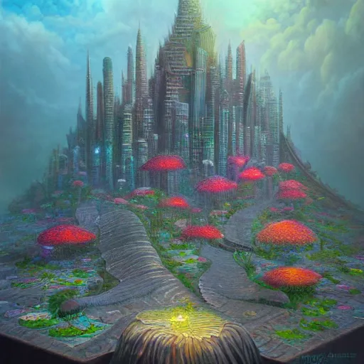 Prompt: minature tabletop city made of flower petals, in the style of tomasz alen kopera and fenghua zhong and peter mohrbacher, mystical colors, rim light, beautiful lighting, 8 k, stunning scene, raytracing, octane, trending on artstation
