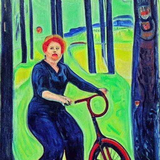 Image similar to Erna Solberg rising a unicycle oil canvas paining by Edvard Munch