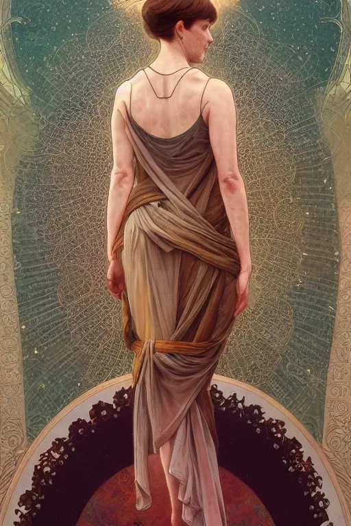 Image similar to a full body portrait of a beautiful ethereal delicate angela merkel meditative ancestral yoga power pose, intricate, elegant, highly detailed, digital painting, artstation, concept art, smooth, sharp focus, illustration, art by krenz cushart and artem demura and alphonse mucha