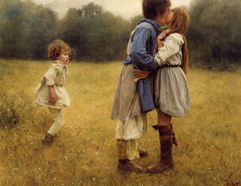 Image similar to peasant boy and girl first kiss, on a village, Cinematic focus, Polaroid photo, vintage, neutral colors, soft lights, foggy, by Steve Hanks, by Serov Valentin, by lisa yuskavage, by Andrei Tarkovsky 8k render, detailed, oil on canvas