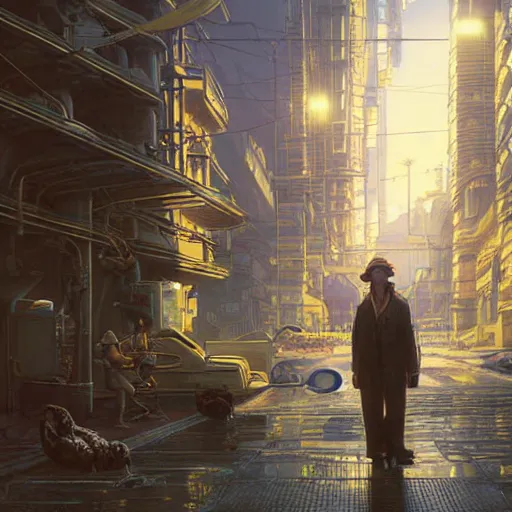 Image similar to A solarpunk very detailed farmer on the street of a very detailed solarpunk city art by Taras Shevchenko, neofuturistic highly detailed, digital art, smooth cyan gold light, sharp focus, Golden Ratio illustration, realistic concept art by Stephen Hickman and James Gurney and Hiromasa Ogura Ghost in the Shell