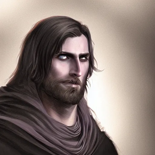 Prompt: a highly detailed portrait of a man without a beard, purple eyes, light gray long hair, wearing a black cloak, artstation, DeviantArt, professional, digital art