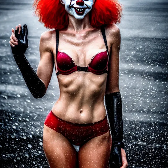 Image similar to fully body pose, photo of a very beautiful!! victoria secret model, pennywise, wet hair, raining, 8 k, hdr, smooth, sharp focus, high resolution, award - winning photo, trending on artstation, dslr, 5 0 mm