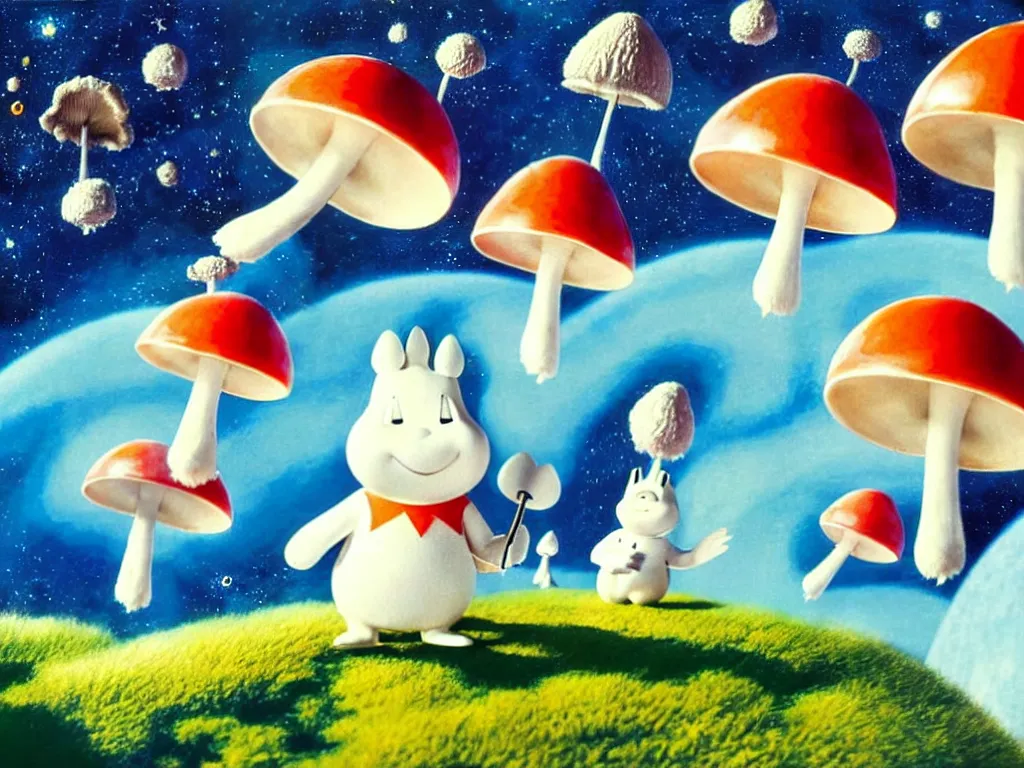 Prompt: moomins in space suits flying around with jetpacks discovering the mushroom planet, looking cute, photorealistic painting, movie still, cgi, warm colors, fluffy, cozy, dreamy, low light