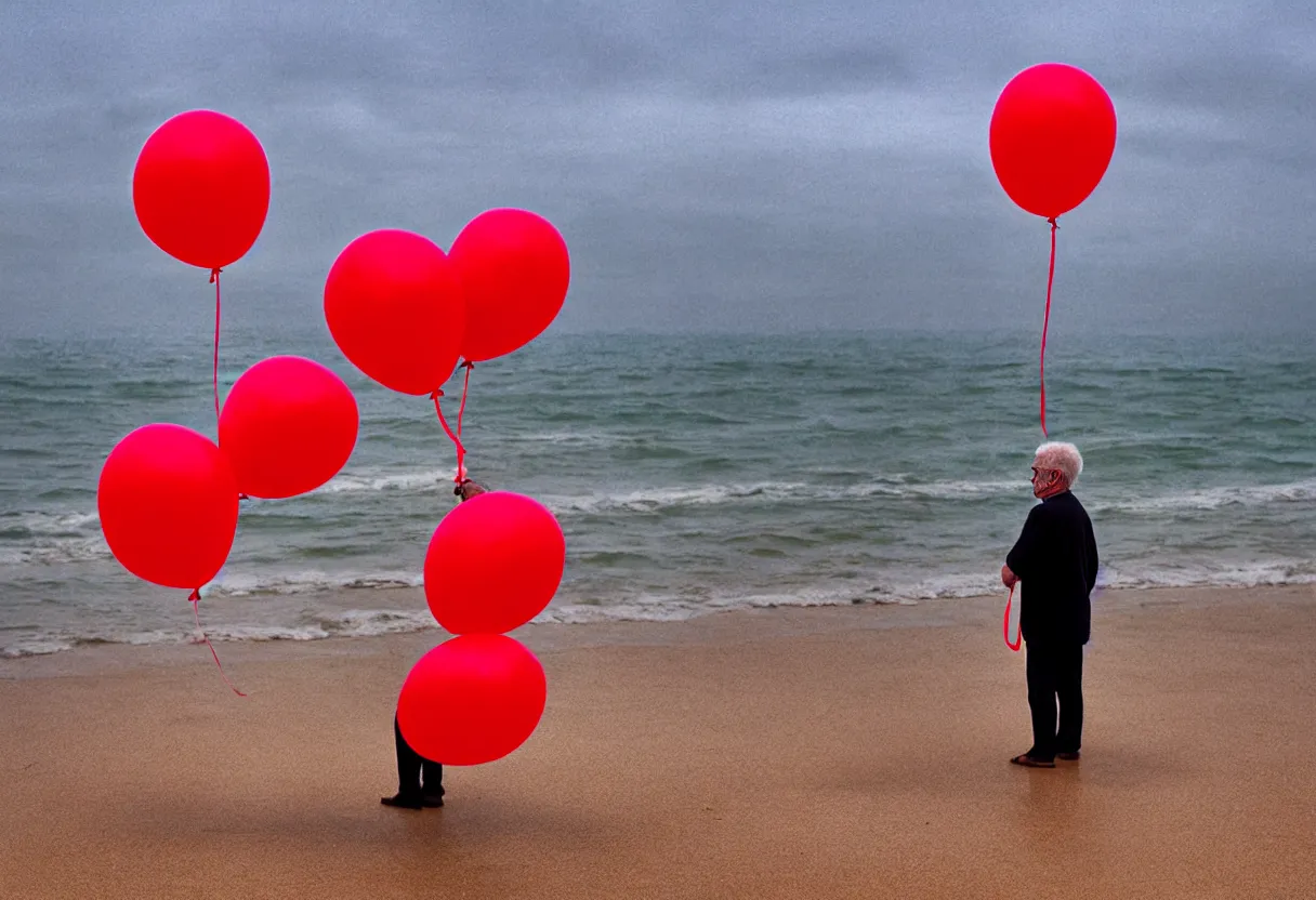 Image similar to lonely old man on the beach, holding red balloons. extremely high fidelity, 8 k, super resolution, cinematic view, super resolution, epic, hyperdetailed, digital painting, artstation, concept art, smooth, sharp focus, octane render, dramatic lighting, ground level, art by artgerm and greg rutkowski and alphonse mucha and wlop