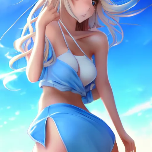 Image similar to a very beautiful anime mature girl, full body, long wavy blond hair, sky blue eyes, full round face, short smile, bikini, miniskirt, front view, medium shot, mid-shot, highly detailed, cinematic wallpaper by Stanley Artgerm Lau