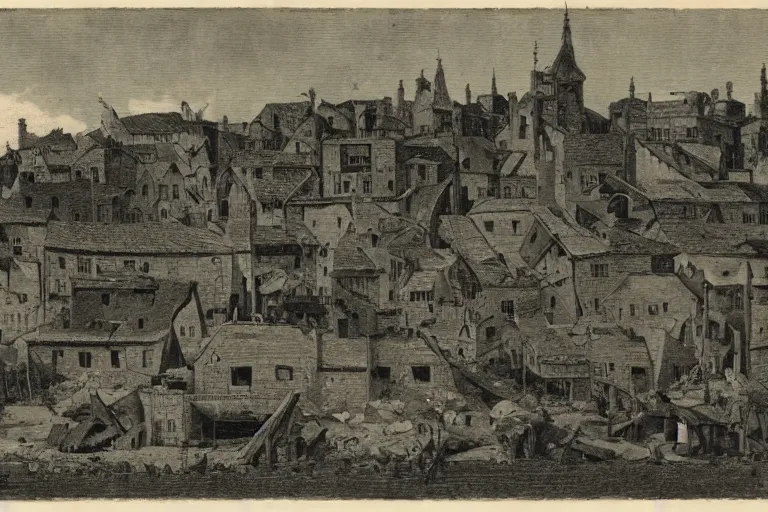 Prompt: an very old photo of a town getting destroyed in medieval times