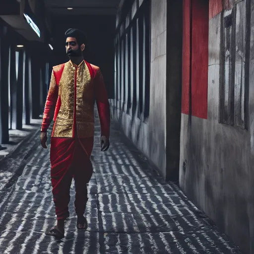 Image similar to a dramatic photograph of a person wearing traditional indian clothes, person wearing indian traditional clothes walking in a modern city, cinematic lighting