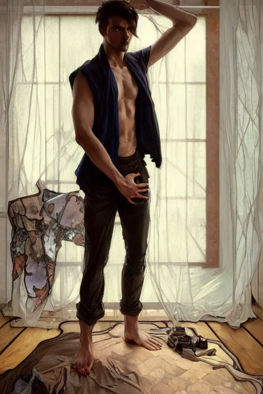 Image similar to full body portrait of a single beautiful young fit man, modern haircut, open shirt, large pants, bare feet, by greg rutkowski and alphonse mucha, d & d character, in front of a modern room background, highly detailed portrait, digital painting, artstation, concept art, smooth, sharp focus ilustration, artstation hq