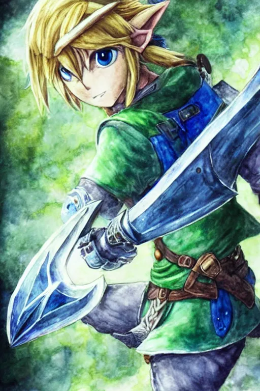 Image similar to Link from the Legend of Zelda as a Final Fantasy Character, watercolor, by Yoshitaka Amano, peaceful color palette, high detail paint
