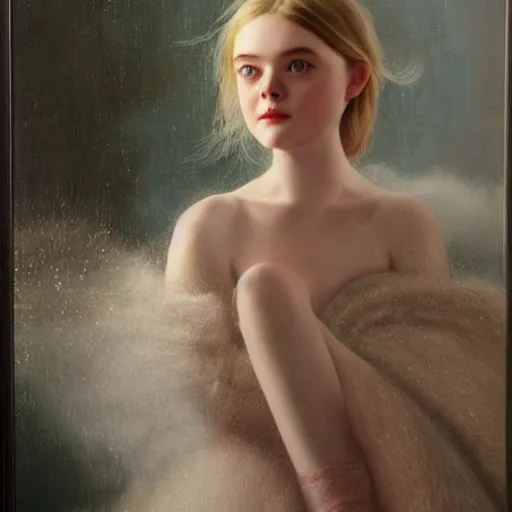 Image similar to Elle Fanning at night, stormy weather, extremely detailed masterpiece, oil on canvas, Roger Deakin’s cinematography, by Norman Rockwell,