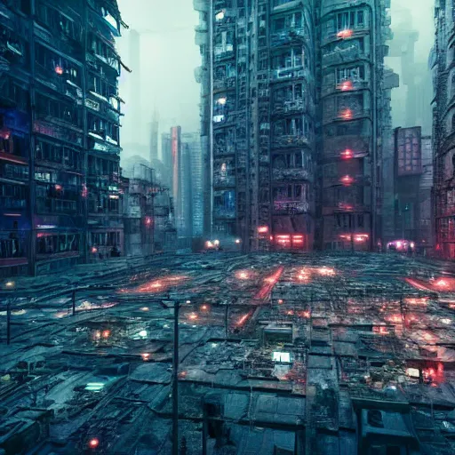 Prompt: photograph of a dystopian city, cyberpunk style, inspired by kowloon walled city, render, octane render, unreal engine, 4 k, dramatic composition