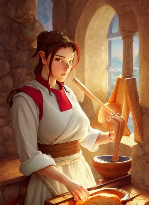 Prompt: focused medieval chef baking bread natural lighting, path traced, highly detailed, high quality, digital painting, by don bluth and ross tran and studio ghibli and alphonse mucha, artgerm