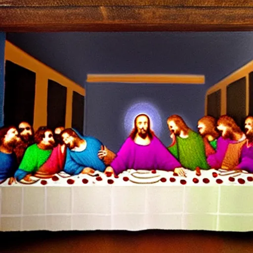 Prompt: The Last Supper, made of colored smoke. colored smoke looks like The Last Supper.