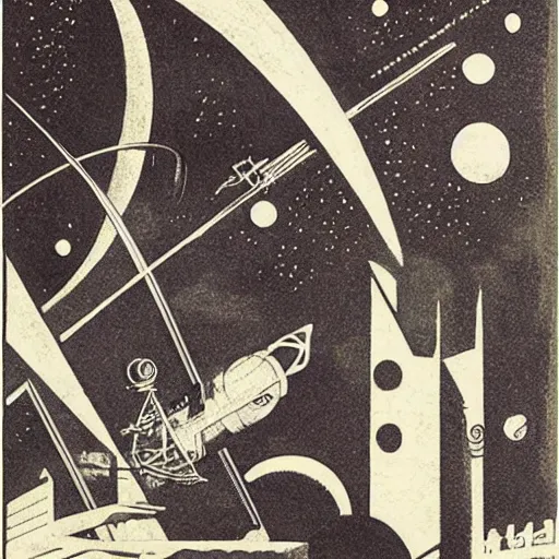 Image similar to space travel. graphical work by anatoly fomenko and bilibin and giger and lissitzky