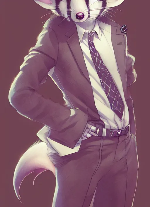 Image similar to character portrait of a male anthro opossum fursona with a tail and a cute beautiful attractive detailed furry face wearing a dress shirt and slacks outside a city tattoo parlor. Character design by charlie bowater, ross tran, artgerm, and makoto shinkai, detailed, inked, western comic book art