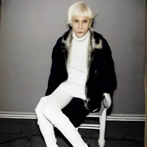 Image similar to Platinum-blonde-haired hime-cut blue-eyed French empress wearing white leggings, black jacket, boots, sitting in public housing apartment, Polaroid photo