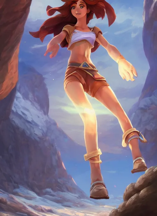 Image similar to taliyah, from league of legends, au naturel, with abs, athletic rock climber, hyper detailed, mountain background, digital art, trending in artstation, cinematic lighting, studio quality, smooth render, unreal engine 5 rendered, octane rendered, art style by klimt and nixeu and ian sprigger and wlop and krenz cushart