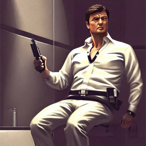 Image similar to Nathan Fillion as James Bond in Goldeneye 007 silently dispatching a guard on the toilet in facility , D&D, cinematic, intricate, elegant, highly detailed, movie still, artstation, concept art, smooth, sharp focus, illustration, art by artgerm and greg rutkowski and alphonse much