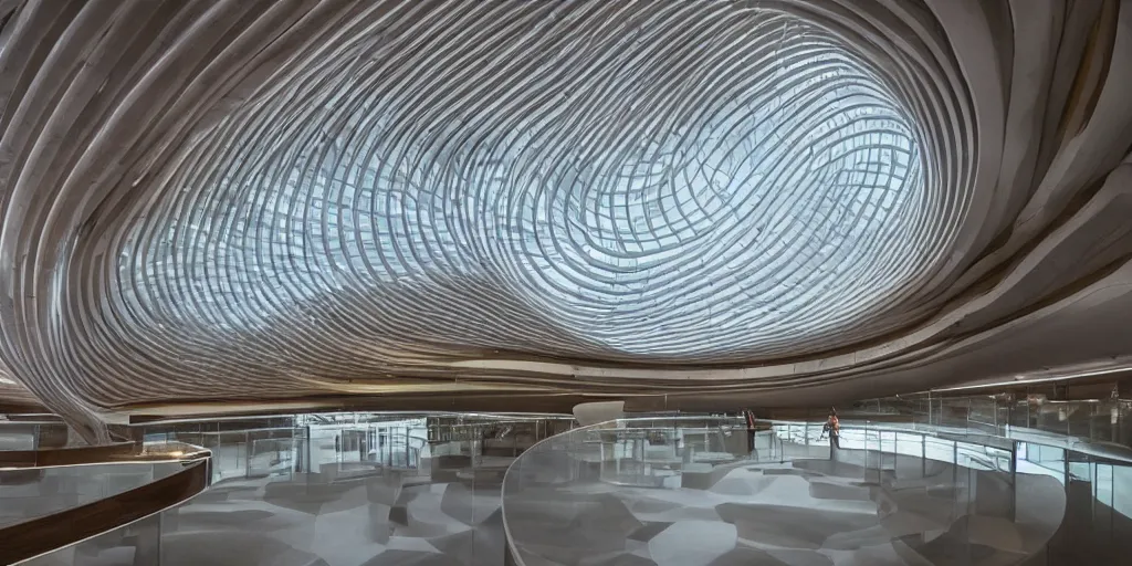 Image similar to extremely detailed stunning beautiful futuristic smooth curvilinear museum interior