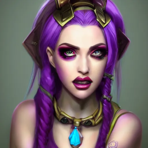 Image similar to portrait of Jinx from League of Legends, high resolution fantasy concept art, realistic, intricate details, soft lighting