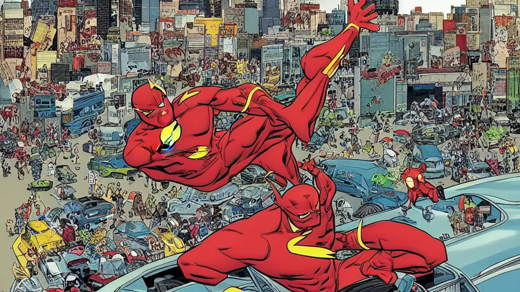 Prompt: marvel comics character The Flash driving a convertible and stuck in a traffic jam by Geof Darrow