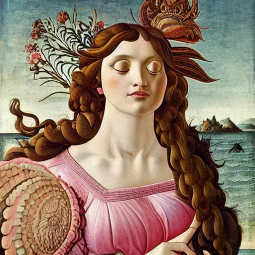 Prompt: an ultradetailed mythological oil painting of a beautiful goddess with long brown hair, full body, wearing pink floral chiton, sleeping on a giant scallop shell, near the seashore, intricate lines, elegant, renaissance style, by sandro botticelli