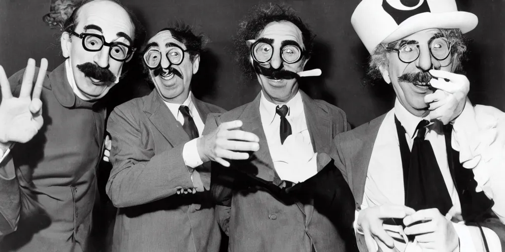 Image similar to Groucho Marx and Harpo Marx launch a cake on the face of Donald Trump. Donald Trump is a afraid. Groucho Marx and Harpo Marx laugh at him