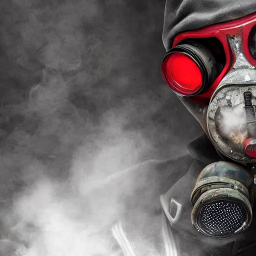 Prompt: hooden villain wearing a gas mask with red goggles, smoke coming out of his body and coat, dark background, wall with graffiti, unreal engine 5, ultra realistic, detailed, fog, artstation,