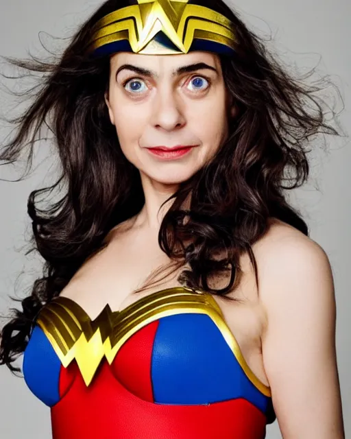 Image similar to A studio photo of Rowan Atkinson as Wonder Woman, bokeh, 90mm, f/1.4 Shot in the Style of Mario Testino