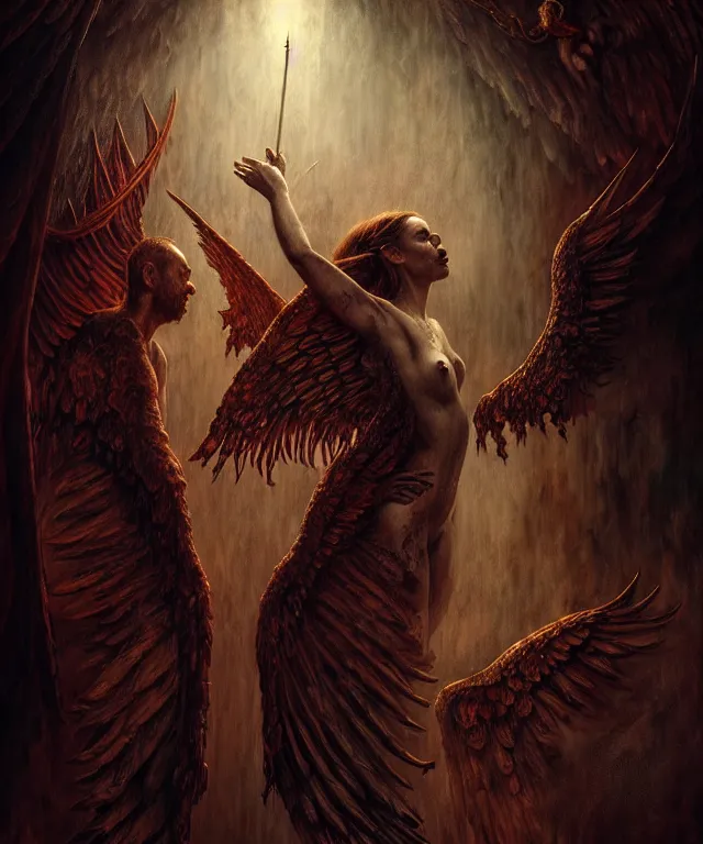 Image similar to epic professional digital art of angels and demons, horrific yet beautiful vibe, evocative, atmospheric lighting, painted, intricate, highly detailed, by leesha hannigan, wayne haag, reyna rochin, ignacio fernandez rios, mark ryden, iris van herpen, artstation, cgsociety, stunning, gorgeous, sharp focus, cinematic, masterpiece