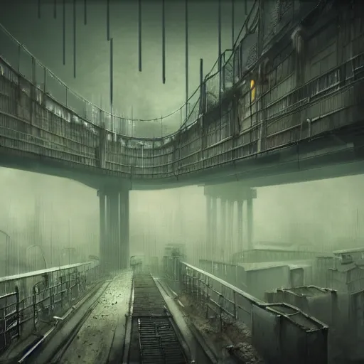 Image similar to raining dark smog wide angle shot machinery dieselpunk dystopia corrogated steel overhead walkway trending on artstation megalomaniac city