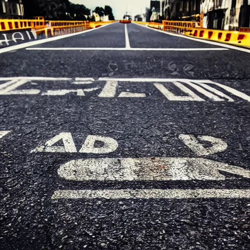 Image similar to Photorealistic photo of pits on the pavement, each pit contains a wooden sign with an inscription, smartphone photo, photo in the center of the road, realism, high quality, sunlight, 4k, beautiful, modern photography, color image