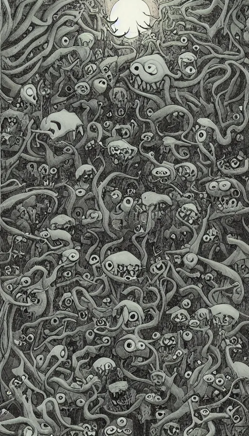 Image similar to a storm vortex made of many demonic eyes and teeth over a forest, by james jean,