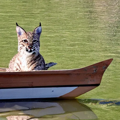 Prompt: a bobcat in a rowboat wears a baggie hat and has its hand on its hip, the boat is half full of water but the bobcat seems at ease