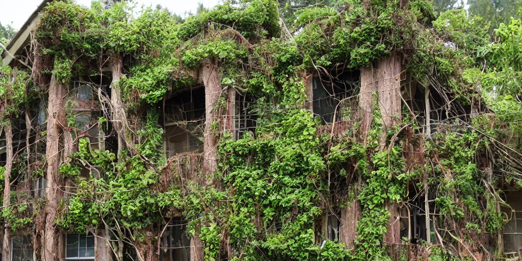 Image similar to multi story house made from enormous mushroom, vines, pacific northwest