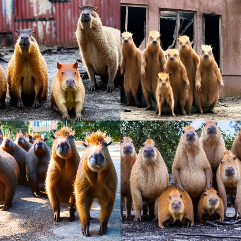 Prompt: a group of Capybaras posing for a photo while standing in front of a burning building