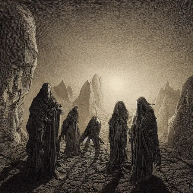 Image similar to etching by Franklin Booth and Gustav Doré showing frightened sorcerer in the desert by night, surrounded by nightmares in the shadows, mystic athmosphere, by Greg Rutkowski, deformed rocks, snakes, scorpions, UHD, 8K,