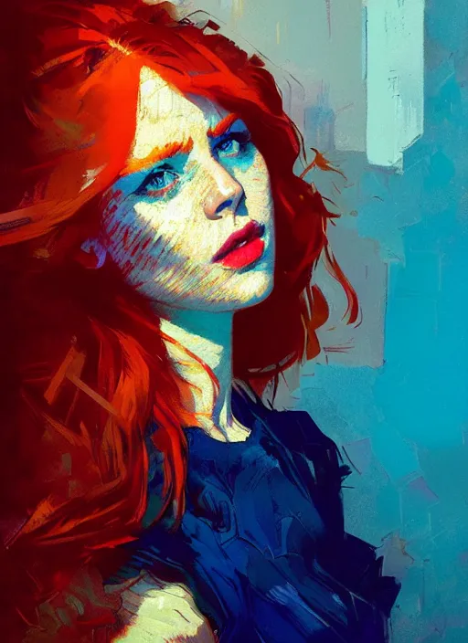 Image similar to portrait of a beautiful girl, redhead, shades of blue, warm colors, beautiful face, rule of thirds, intricate outfit, spotlight, by greg rutkowski, by jeremy mann, by francoise nielly, by van gogh, digital painting