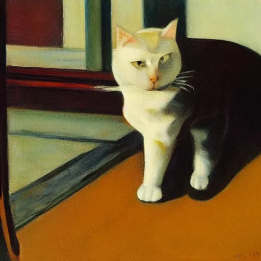 Image similar to cat putting on work boots, edward hopper painting, dark tones