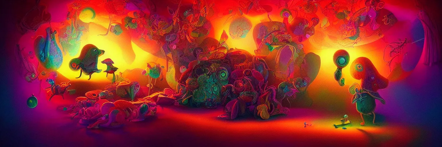 Image similar to whimsical microscopic imaginal creatures from the depths of the collective unconsciouis, dramatic lighting light rays, surreal darkly colorful painting by ronny khalil