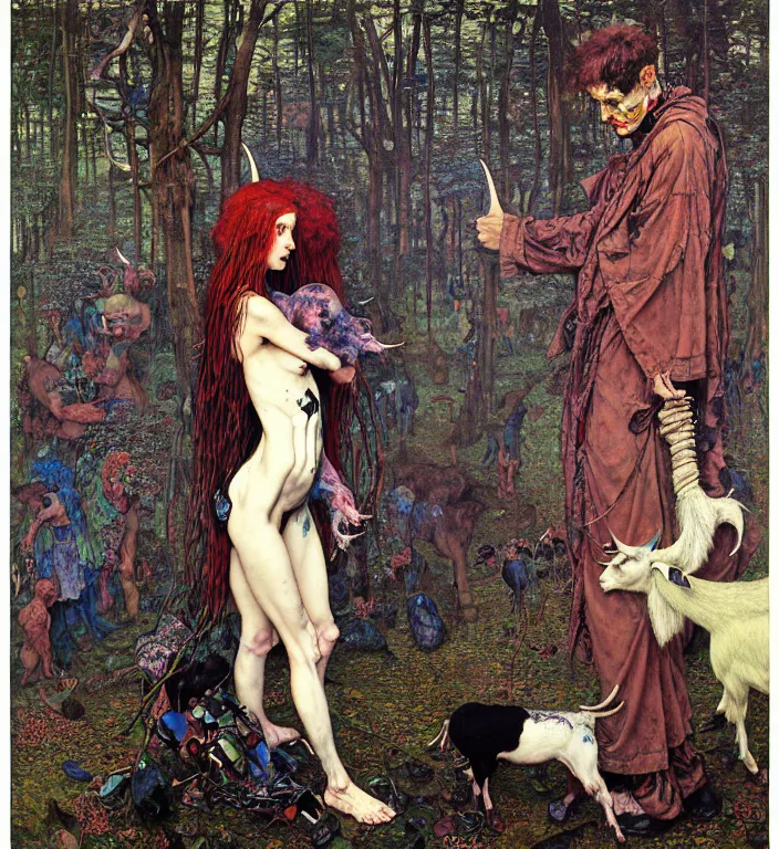 Prompt: pixelated corrupted professional pre-raphaelite defined colours 4k uncropped photo of a fully clothed punk person in the cyberpunk forest with a goat and a robot by Austin Osman Spare, Norman Rockwell, high quality, ultra detailed. Beksinski painting, part by Adrian Ghenie and Gerhard Richter. art by Takato Yamamoto. masterpiece, oil on canvas painting, pixelart, vivid acid neon colours. Futurism by beksinski carl spitzweg moebius and tuomas korpi. baroque elements. baroque element. intricate artwork by caravaggio. Oil painting. Trending on artstation. 8k