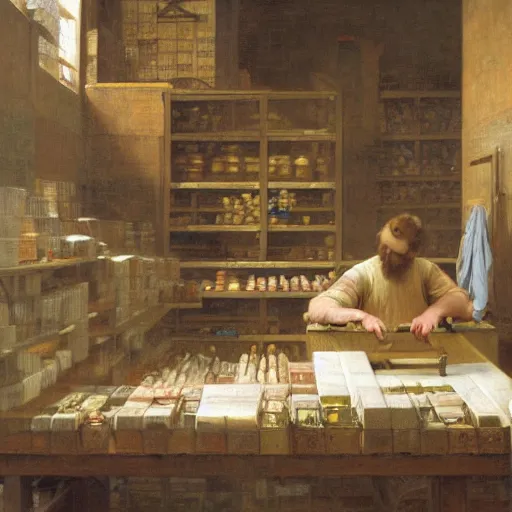 Prompt: an oil painting of an man working in warehouse he doing sorting package, view from back, by Bouguereau, highly detailed and intricate, 1500,