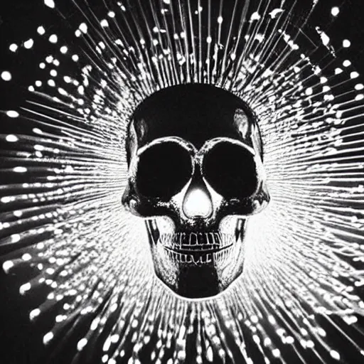 Image similar to a disco skull full of long spikes, reflecting light in a nightclub, grainy film photograph